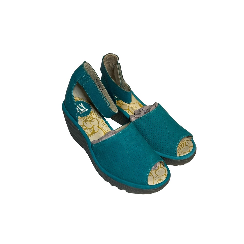 Fly London Yall Teal Leather Wedge Sandals Peep Toe Ankle Strap Womens 37 NEW